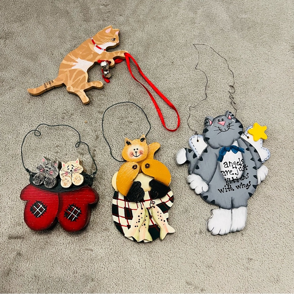 Vintage Wooden Cat Ornament Lot Christmas